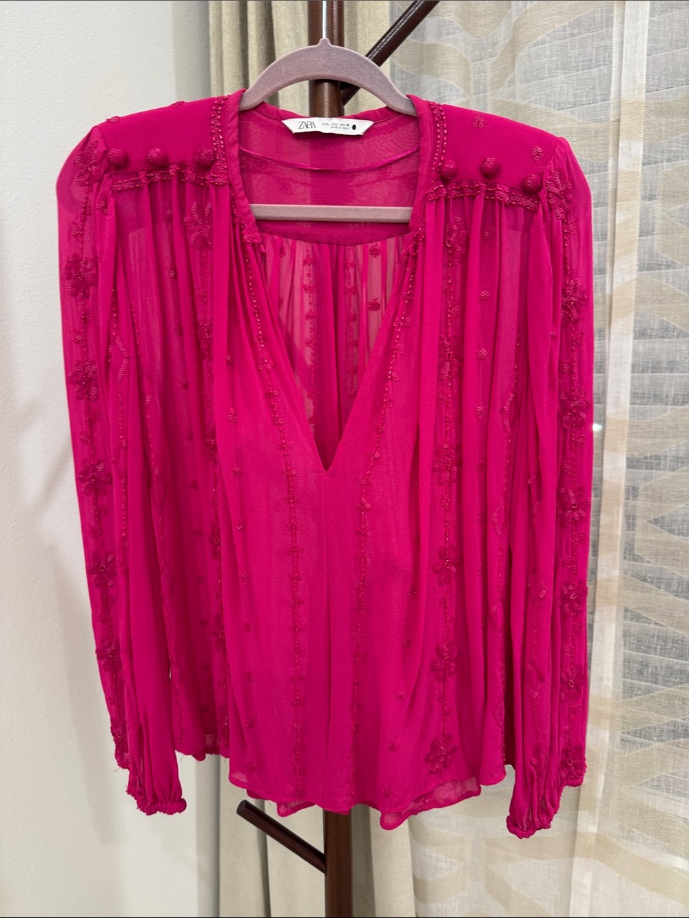 Zara Hot Pink Beaded V-Neck Blouse